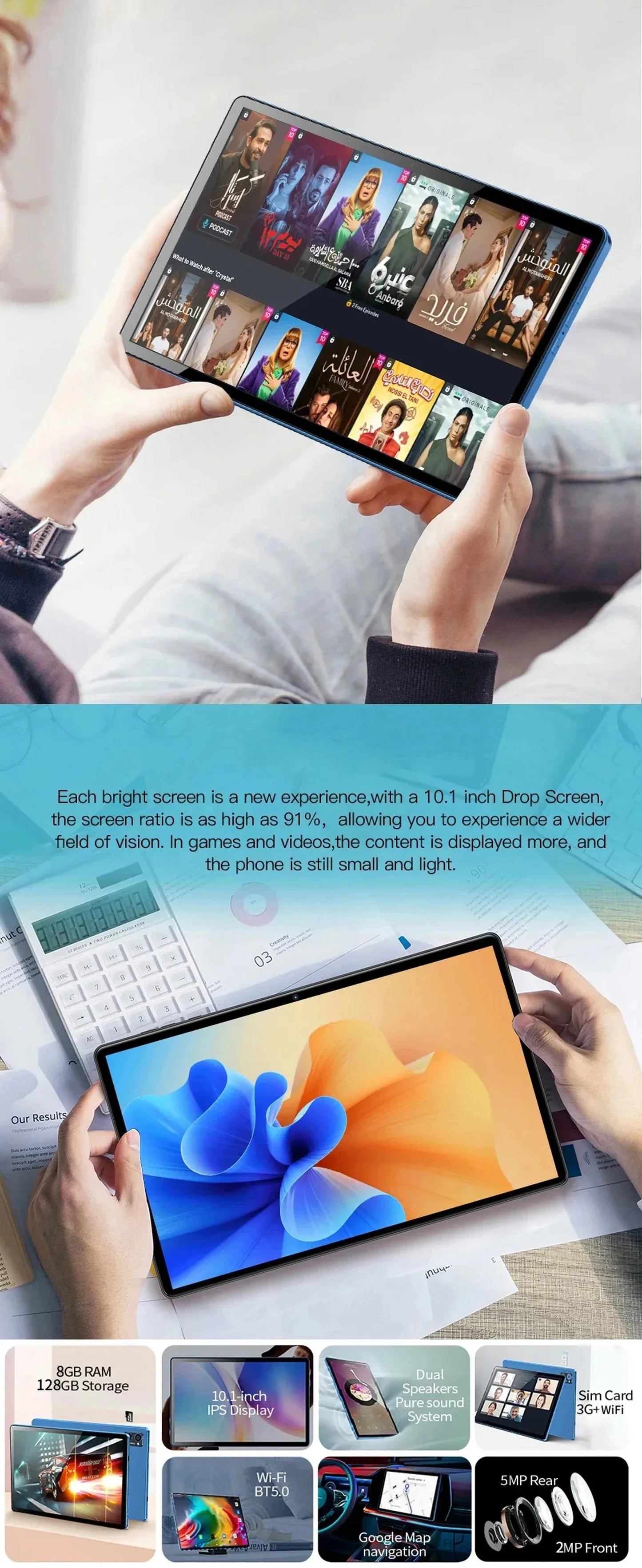 10.1-inch Tablet with 4GB RAM 64GB ROM, Android 11 System