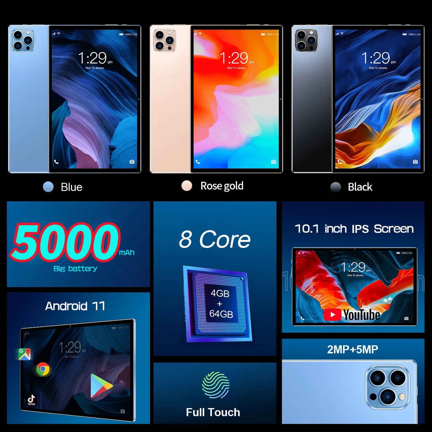 P37 Global Version 10.1 Inch Tablets Octa Core Android 11, 4GB+64GB,