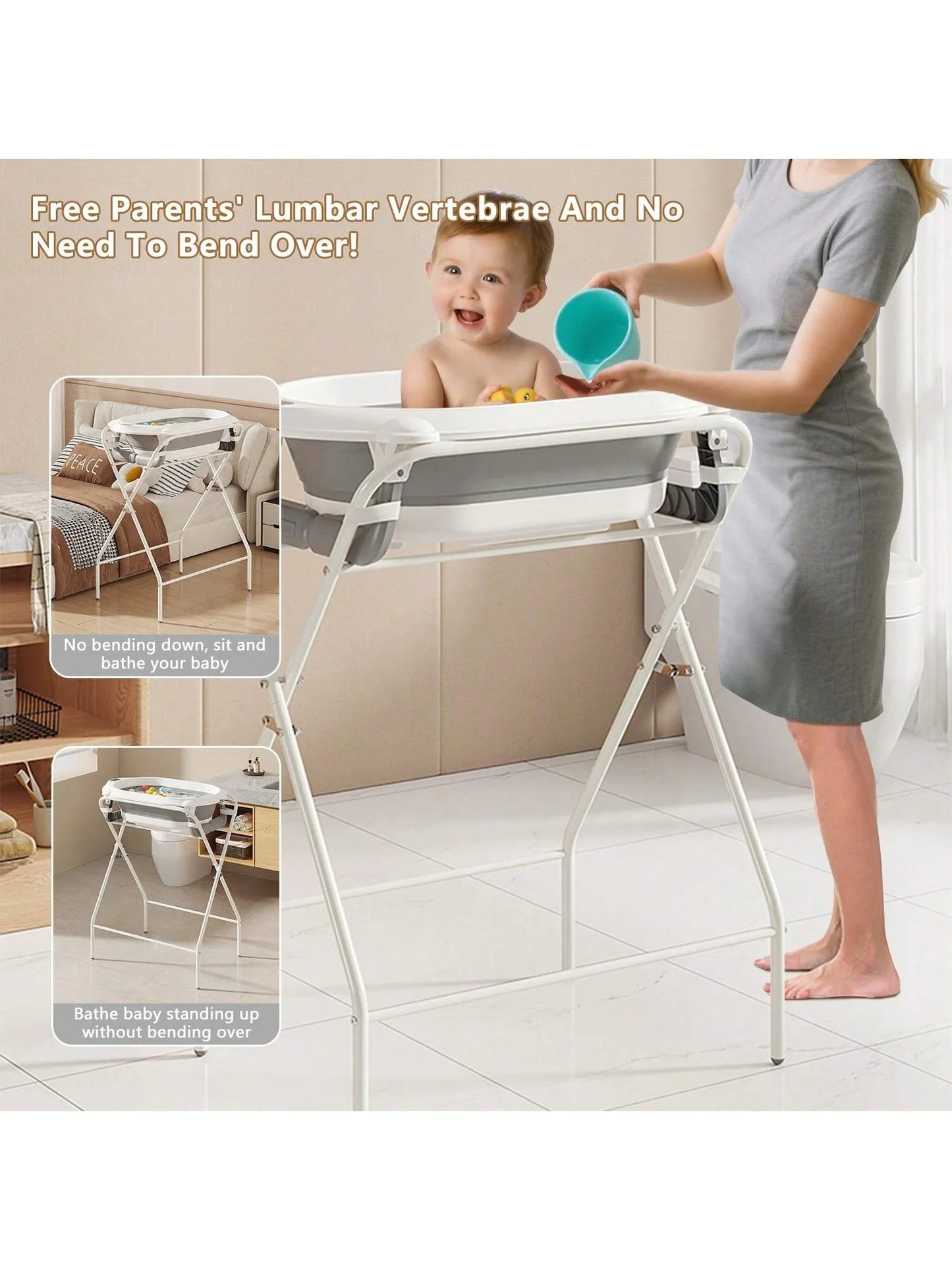 Baby Bath Tub with Stand (Foldable) – Thermometer, Ergonomic Cushion, Bath Pillow