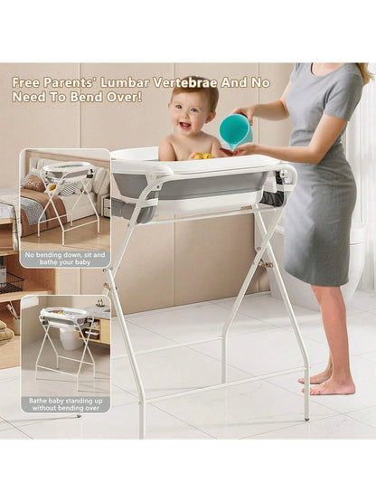 Baby Bath Tub with Stand (Foldable) – Thermometer, Ergonomic Cushion, Bath Pillow