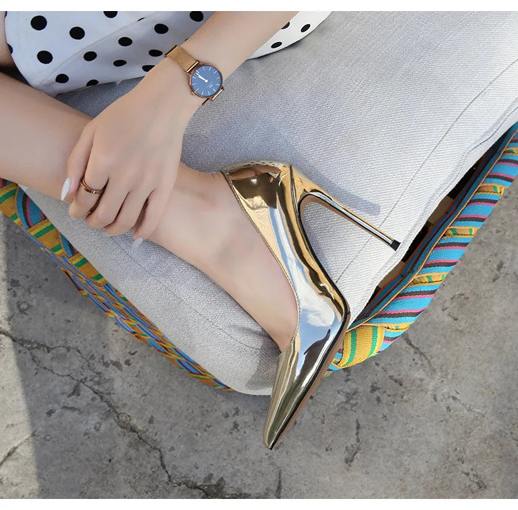 MAIERNISI Women's Elegant High Heel Pumps - 12cm Gold Pointed Toe Stilettos