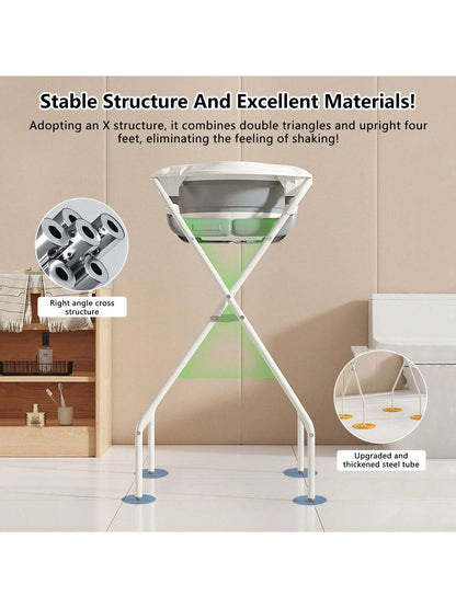 Baby Bath Tub with Stand (Foldable) – Thermometer, Ergonomic Cushion, Bath Pillow