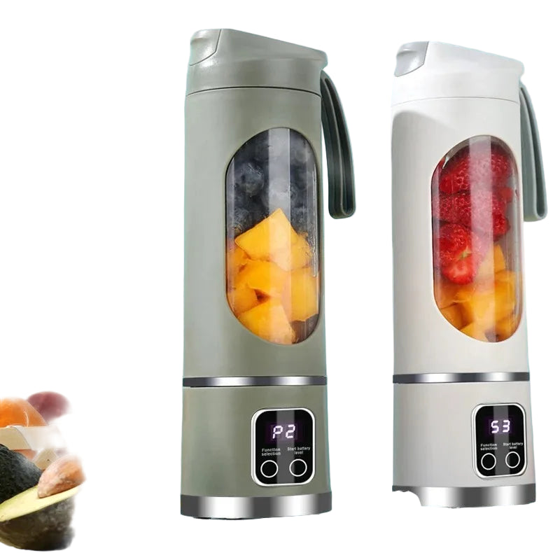 Two portable blenders with fruit inside on a light blue background