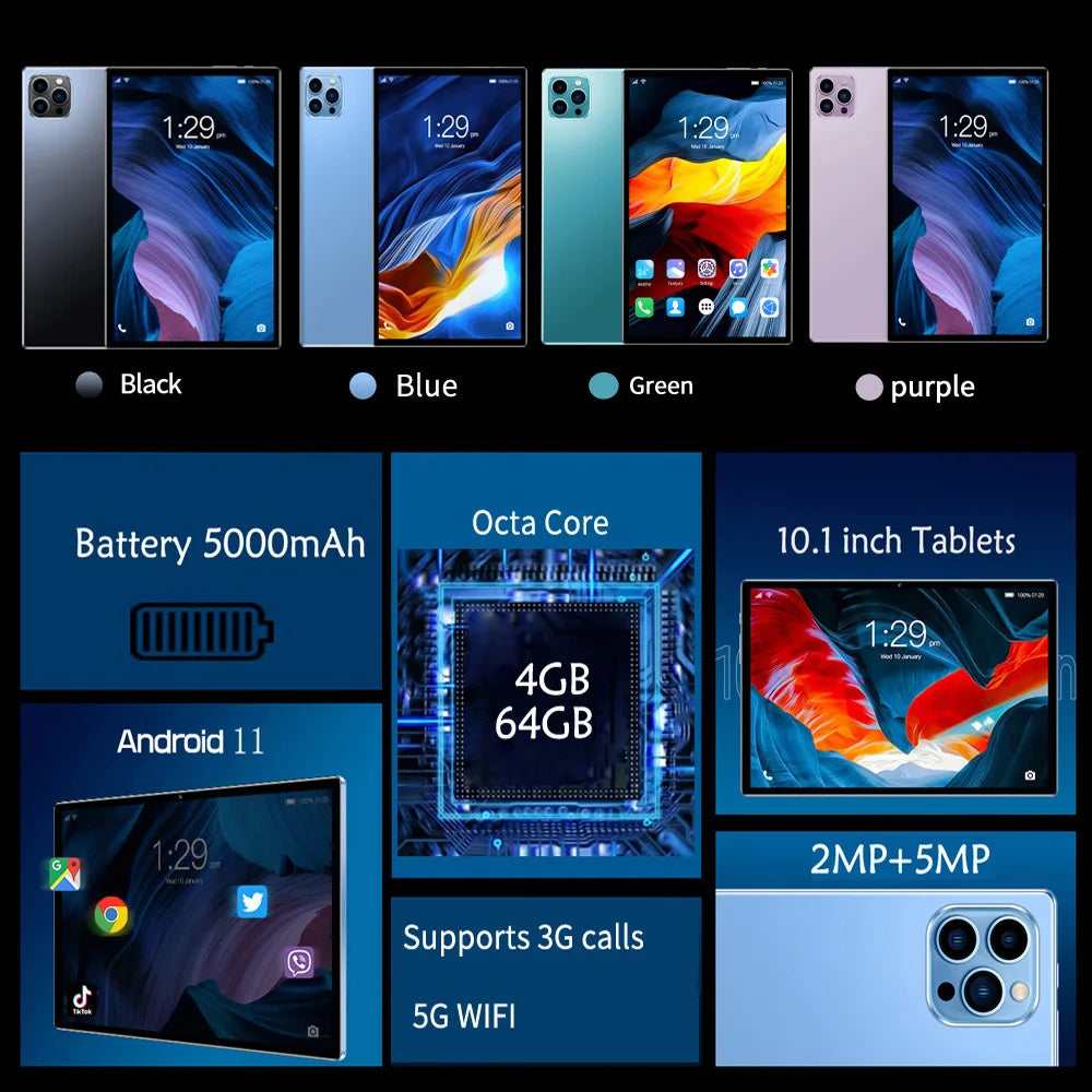 10.1-inch Tablet with 4GB RAM 64GB ROM, Android 11 System