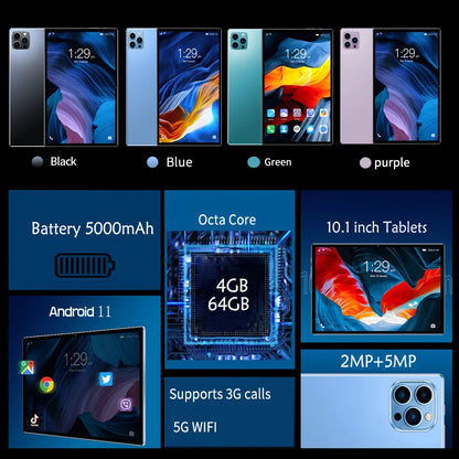 10.1-inch Tablet with 4GB RAM 64GB ROM, Android 11 System