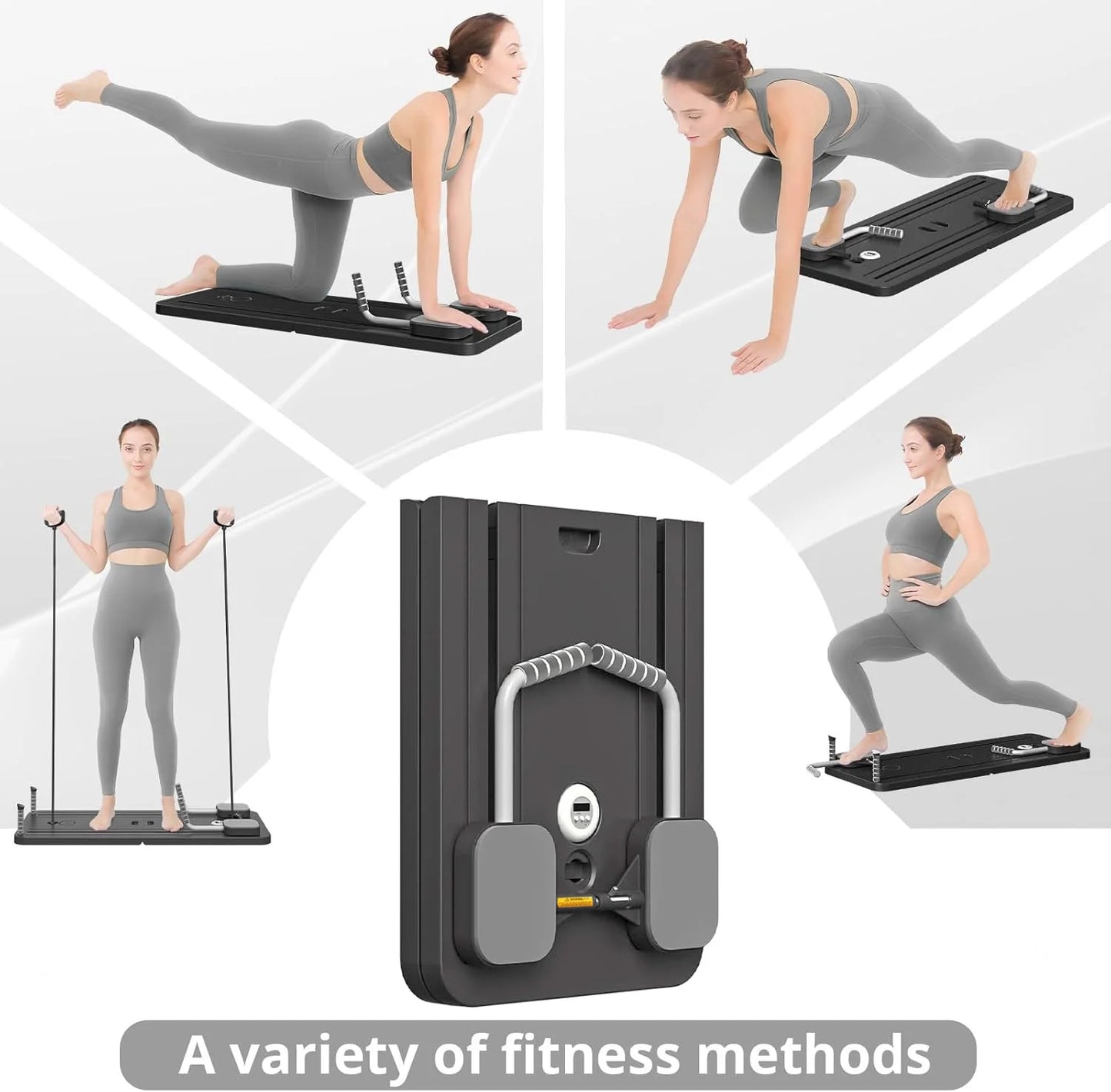 Woman performing various exercises on a black fitness device with text 'A variety of fitness methods'.