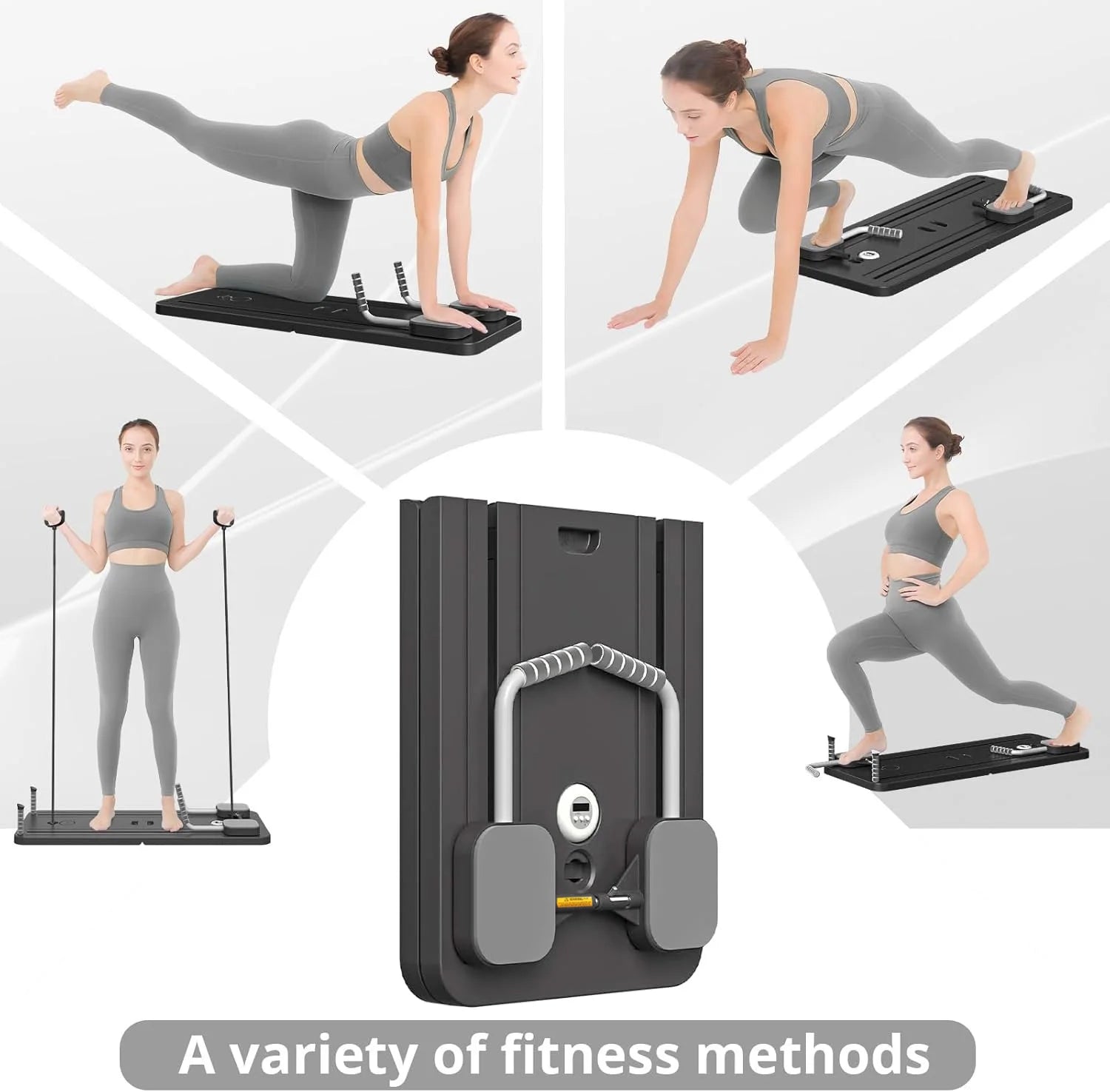 Woman performing various exercises on a black fitness device with text 'A variety of fitness methods'.