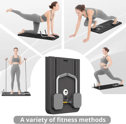 Woman performing various exercises on a black fitness device with text 'A variety of fitness methods'.