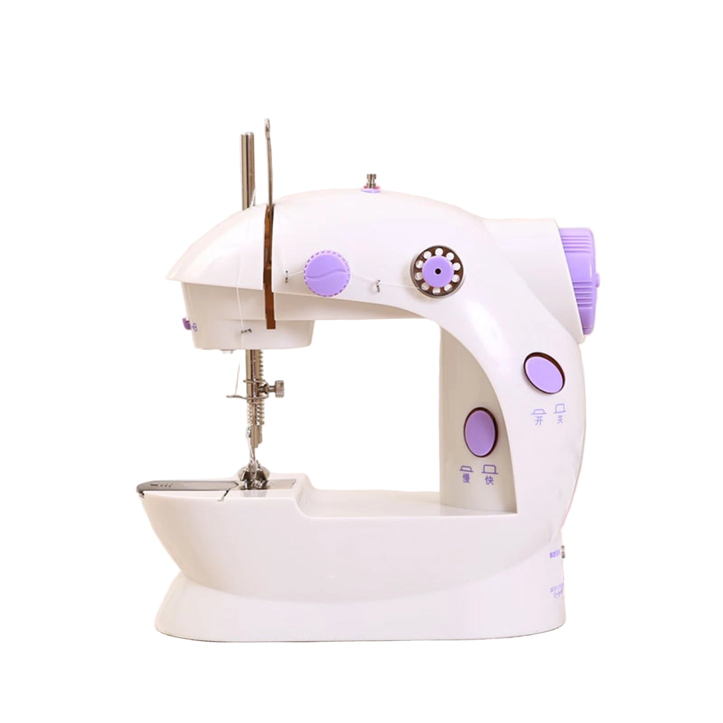 White and purple sewing machine on a light background