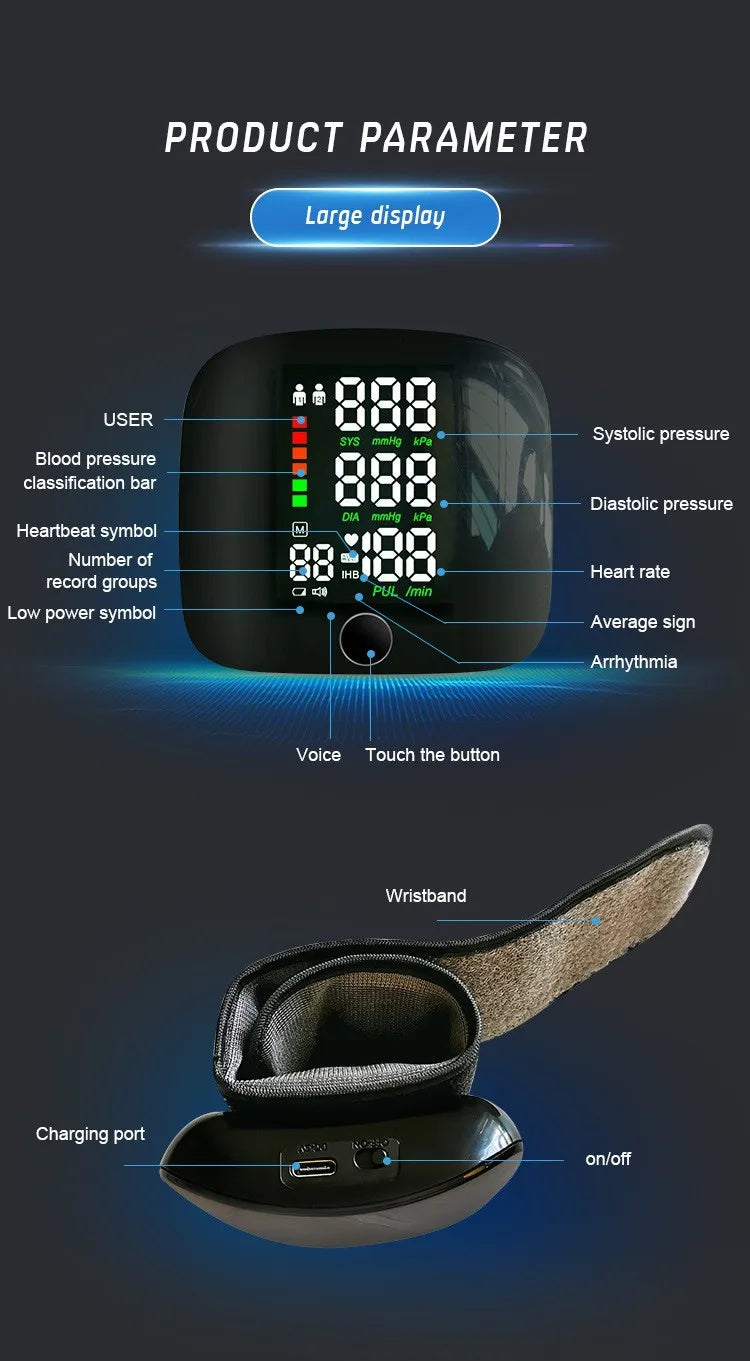 New Touch Screen LED Rechargeable Wrist Blood Pressure Monitor