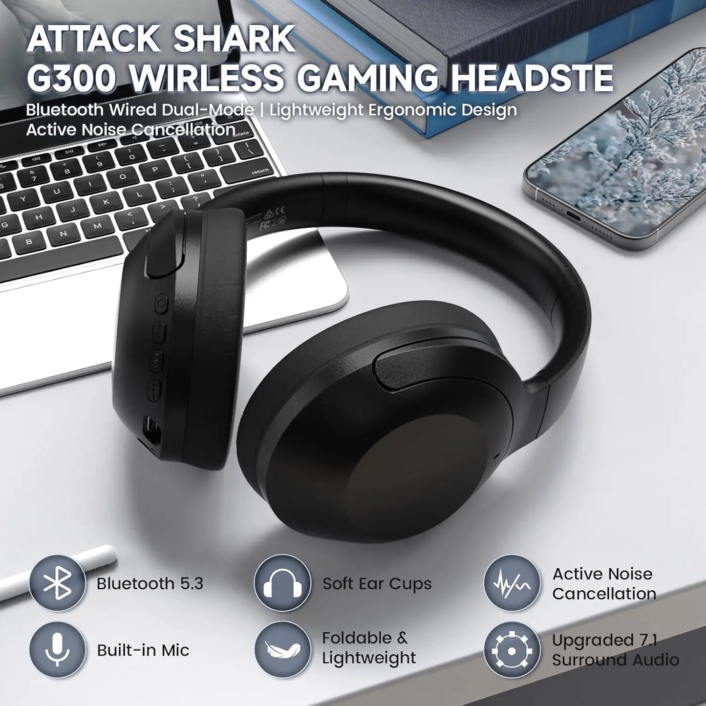 Attack Shark G300 Wireless Headphones | ENC Noise Cancellation for Immersive Sound