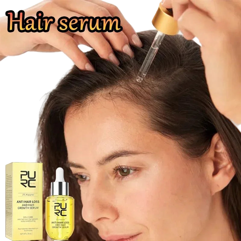 Person applying hair serum to their hair with a close-up of the product and packaging.