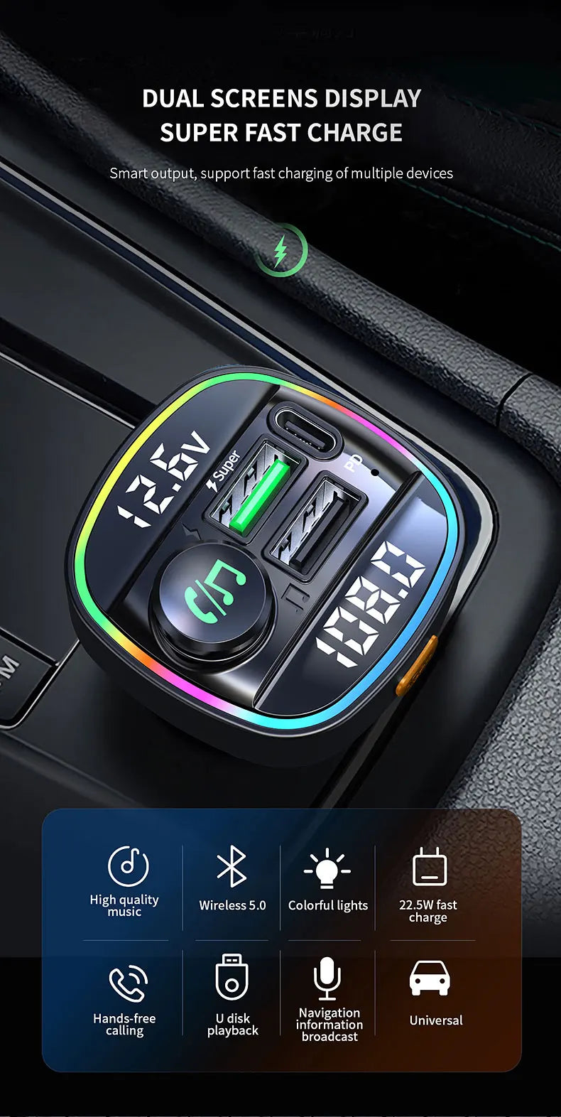 Bluetooth 5.0 FM Transmitter for Car, 22.5W Super Fast Charging & PD 20W Adapter