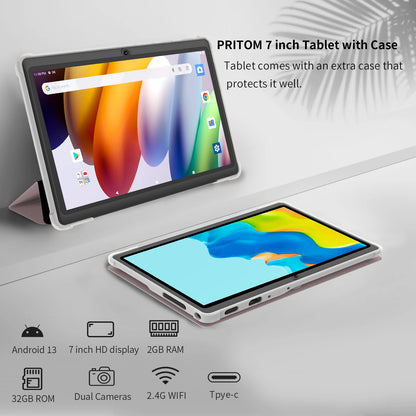 Pritom 7 Inch Tablet PC, Android 13 Quad Core, 4GB(2+2GB Virtual) RAM 32GB ROM, WiFi, Dual Camera, USB C, with Leather Case