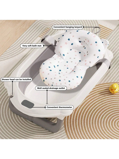 Baby Bath Tub with Stand (Foldable) – Thermometer, Ergonomic Cushion, Bath Pillow