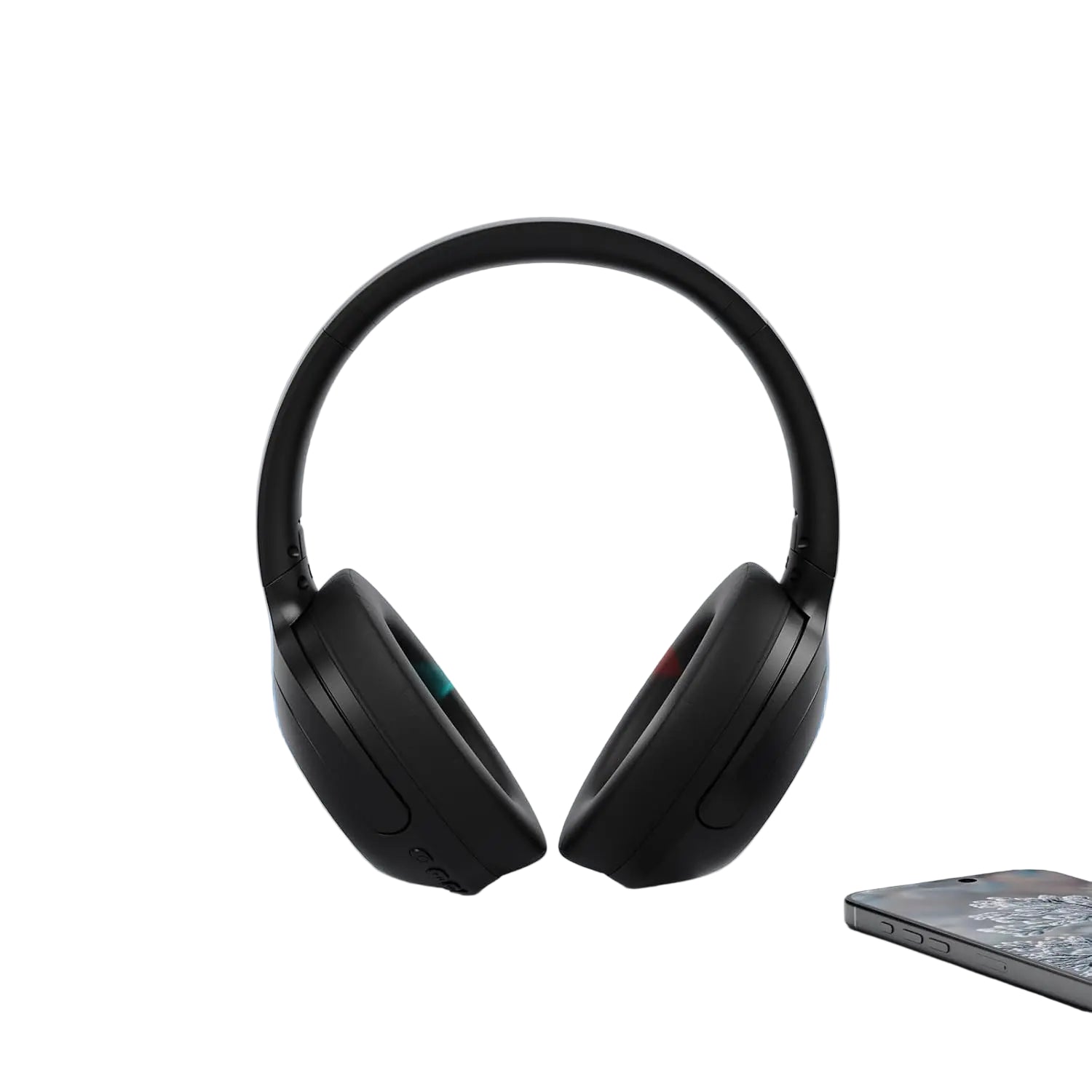 Black over-ear headphones with active noise cancellation feature on a white background