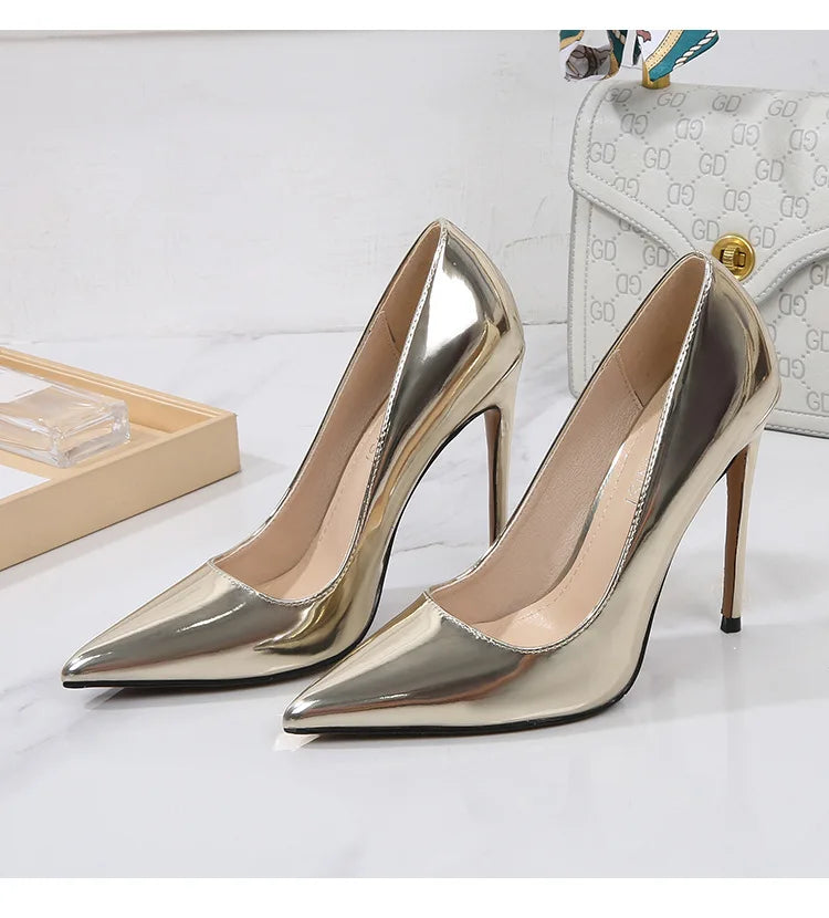 MAIERNISI Women's Elegant High Heel Pumps - 12cm Gold Pointed Toe Stilettos
