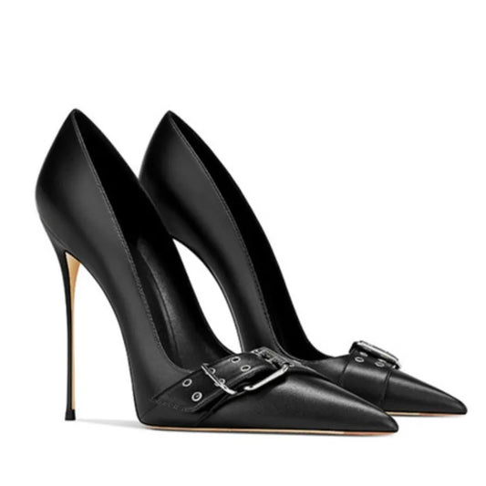 Black high-heeled shoes with buckles on a white background