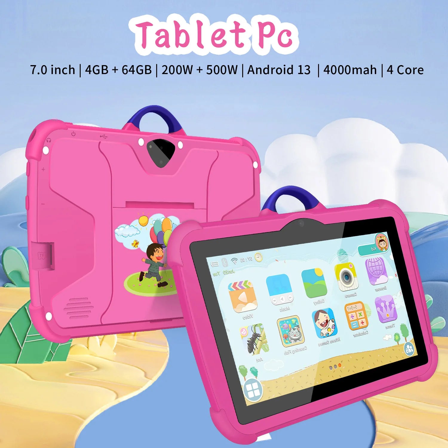 Cartoon Pattern Kids Tablet 7 Inch Quad Core 4GB RAM 64GB ROM Android