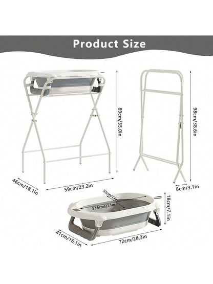 Baby Bath Tub with Stand (Foldable) – Thermometer, Ergonomic Cushion, Bath Pillow