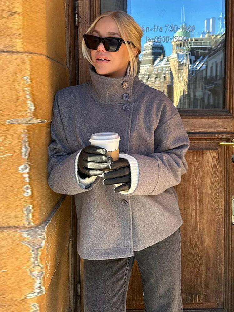 Women's Stand Collar Wool-Blend Coat