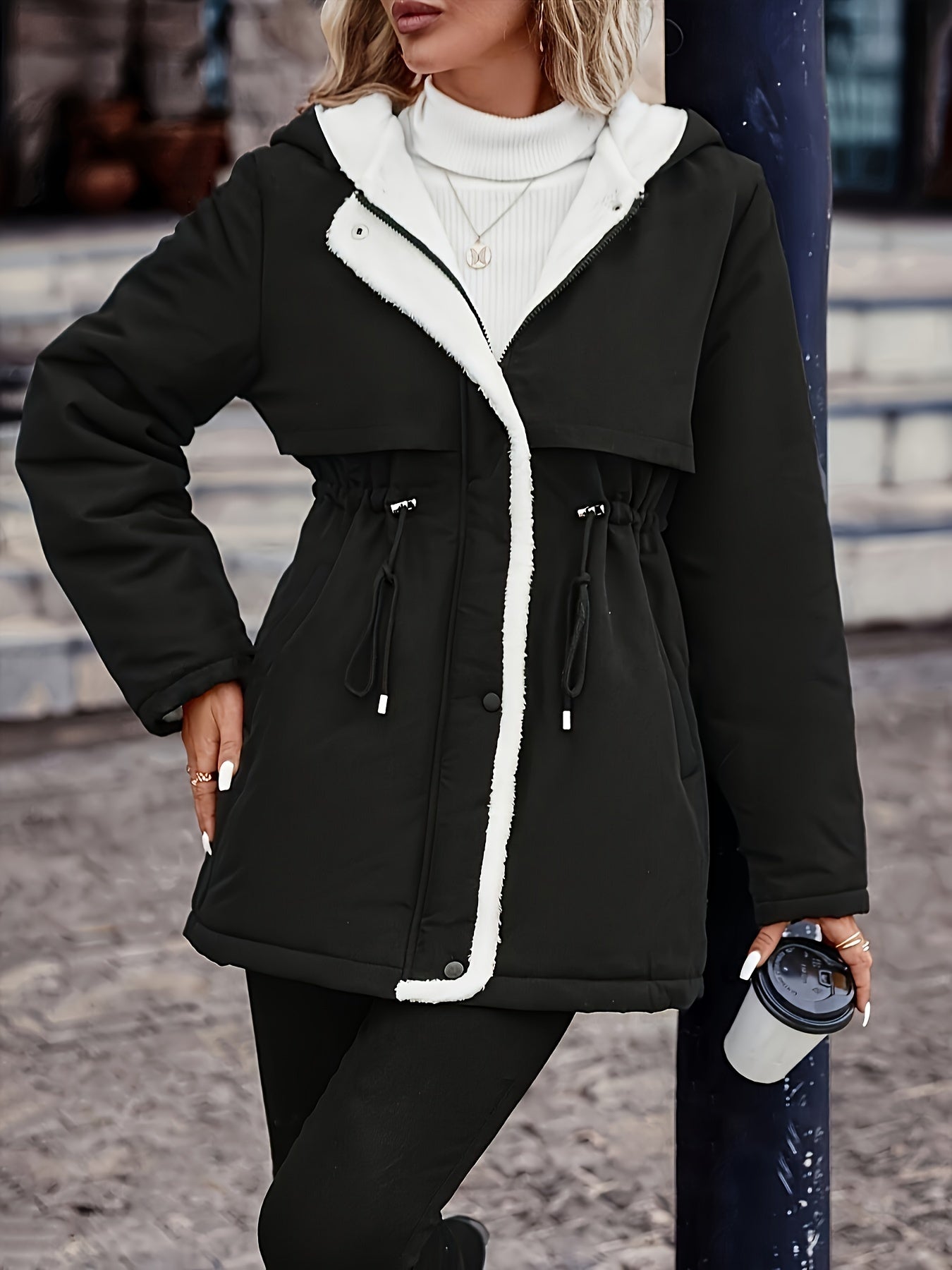 Women's Hooded Fleece Coat | Winter Jacket with Drawstring Waist