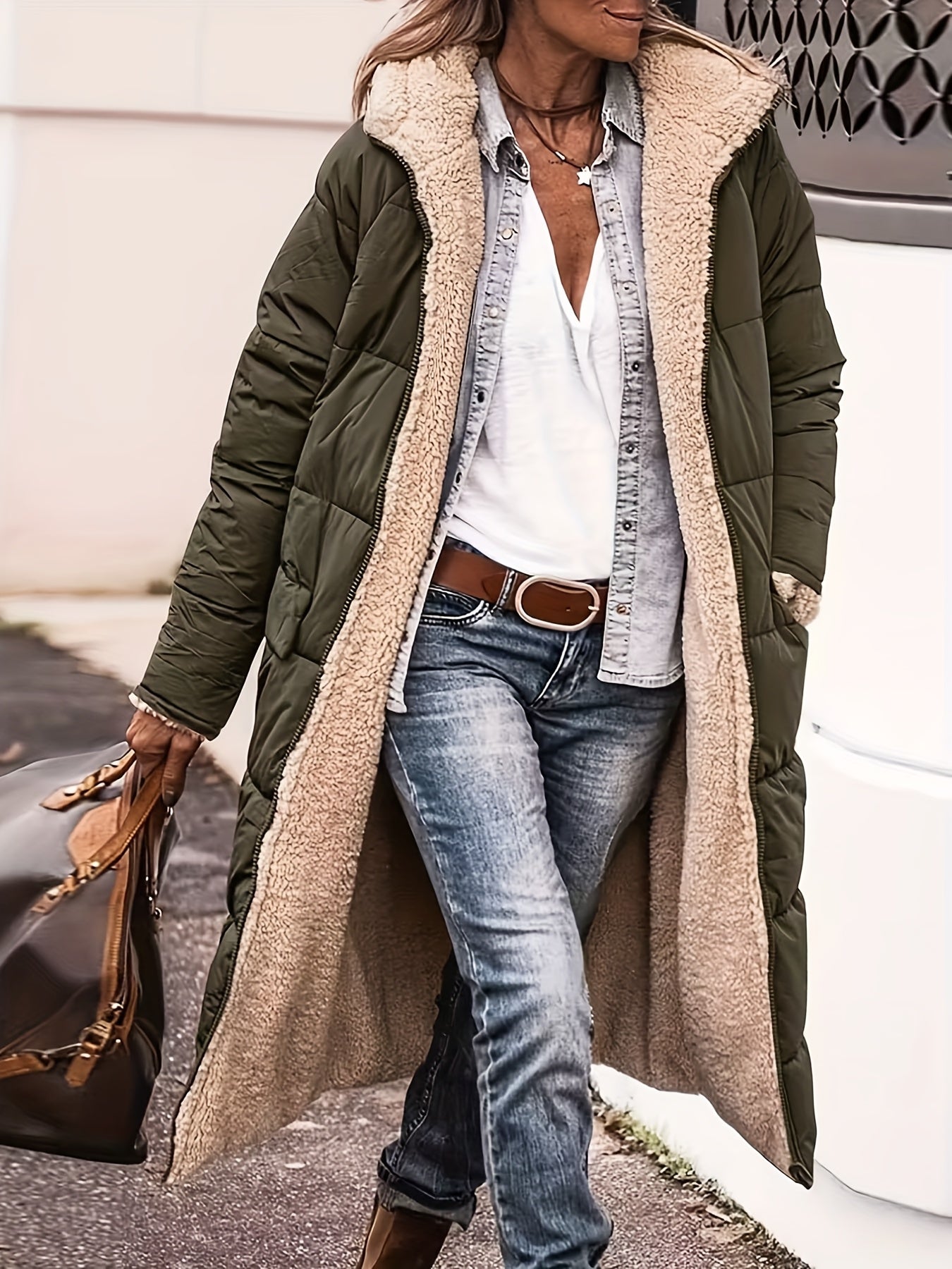 Women's Fleece-Lined Hooded Jacket | Long Winter Coat with Zipper Closure