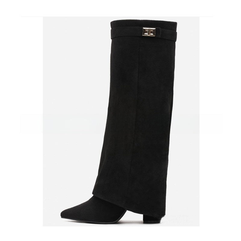 Women's Pointed Toe High Heel Boots with Metal Buckle