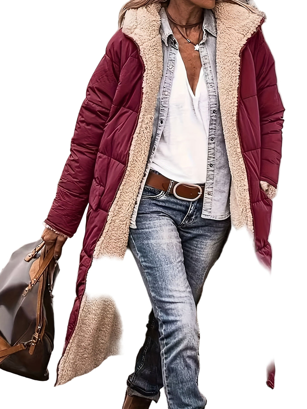 Women's Fleece-Lined Hooded Jacket | Long Winter Coat with Zipper Closure