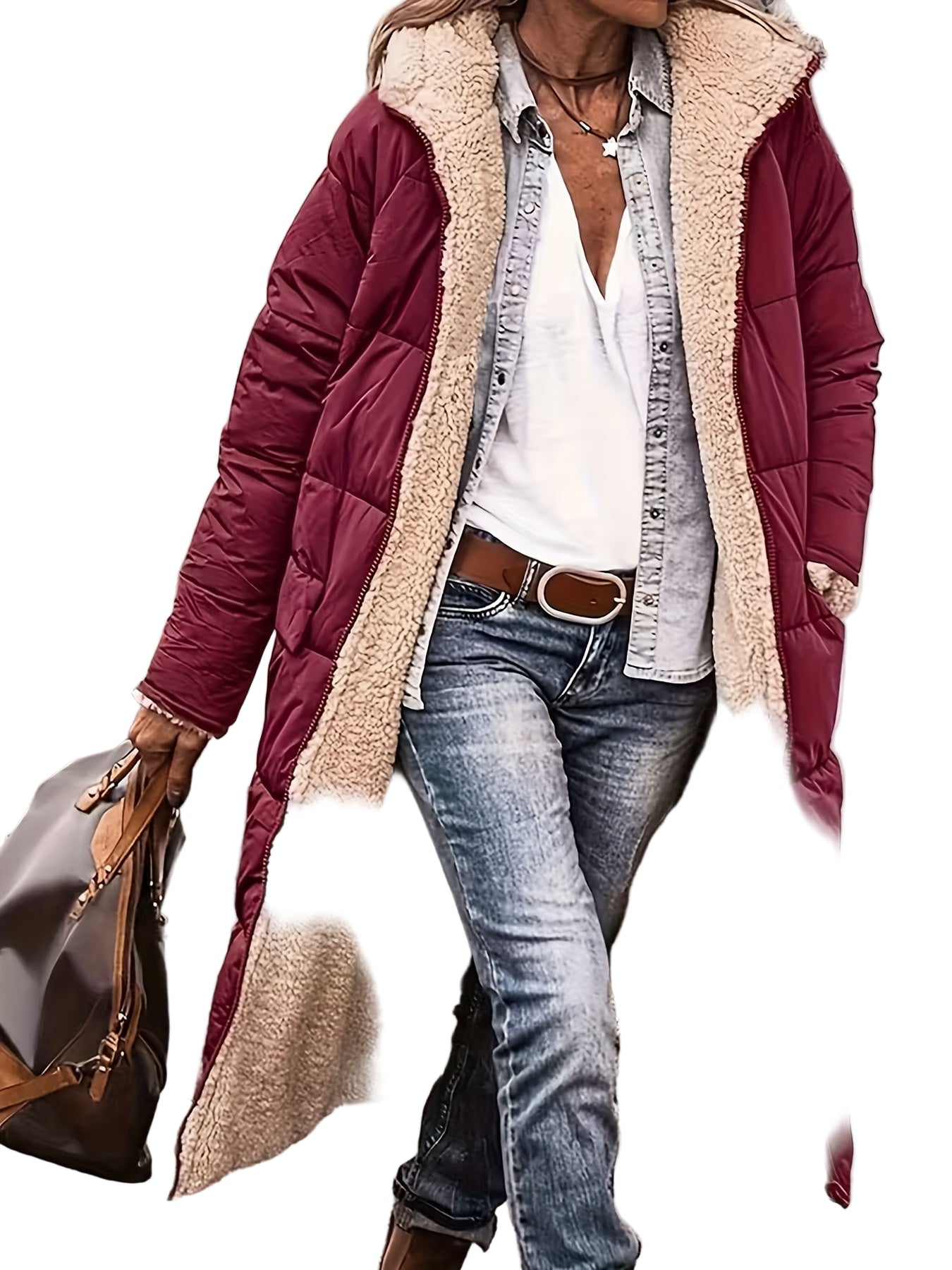 Person wearing a long burgundy puffer coat with beige lining, blue jeans, and a white shirt.
