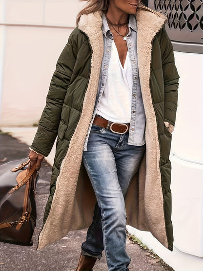 Women's Fleece-Lined Hooded Jacket | Long Winter Coat with Zipper Closure