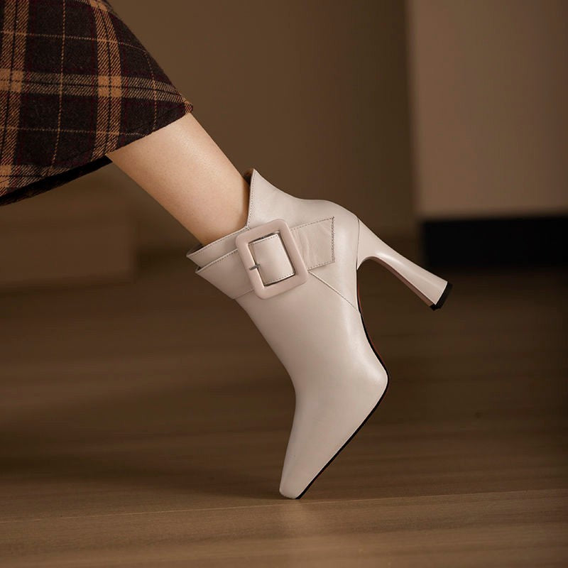 High Heel Pointed Toe Big Buckle Platform Short Boots