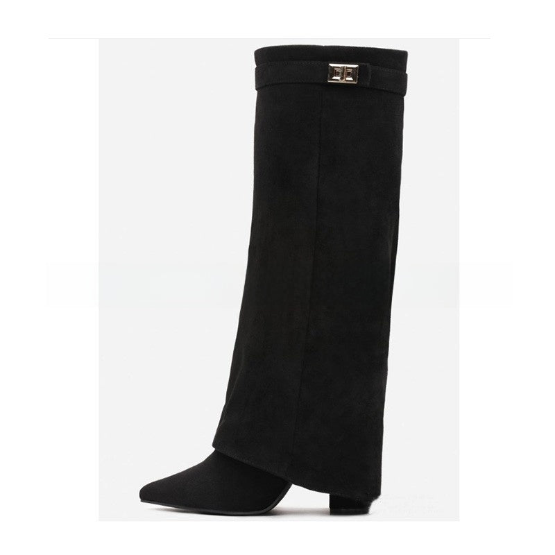 Women's Pointed Toe High Heel Boots with Metal Buckle