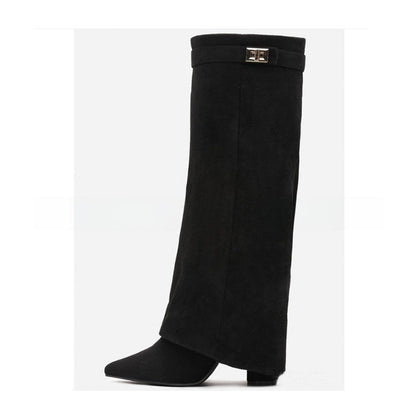 Women's Pointed Toe High Heel Boots with Metal Buckle