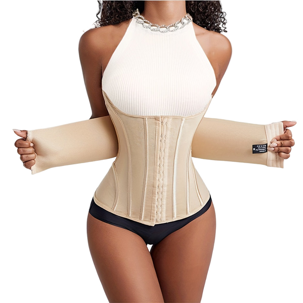 Woman wearing a beige waist trainer with a plain background