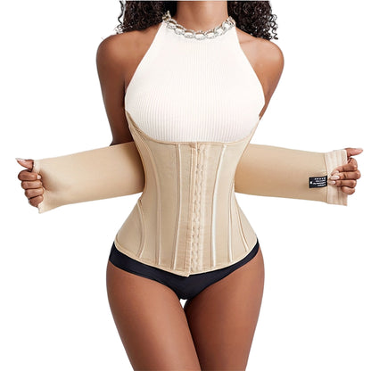 Woman wearing a beige waist trainer with a plain background