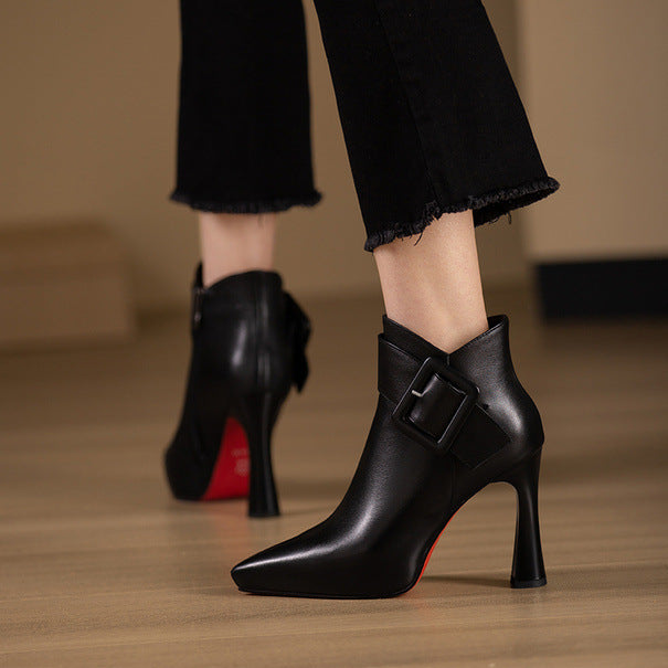 High Heel Pointed Toe Big Buckle Platform Short Boots