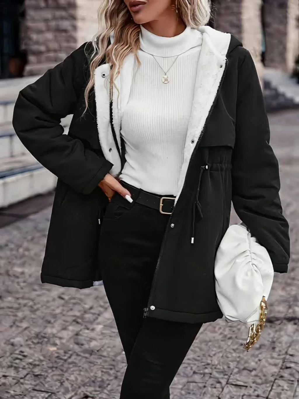 Women's Hooded Fleece Coat | Winter Jacket with Drawstring Waist