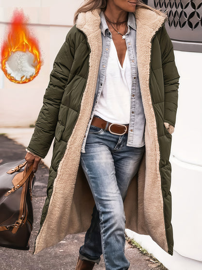 Women's Fleece-Lined Hooded Jacket | Long Winter Coat with Zipper Closure