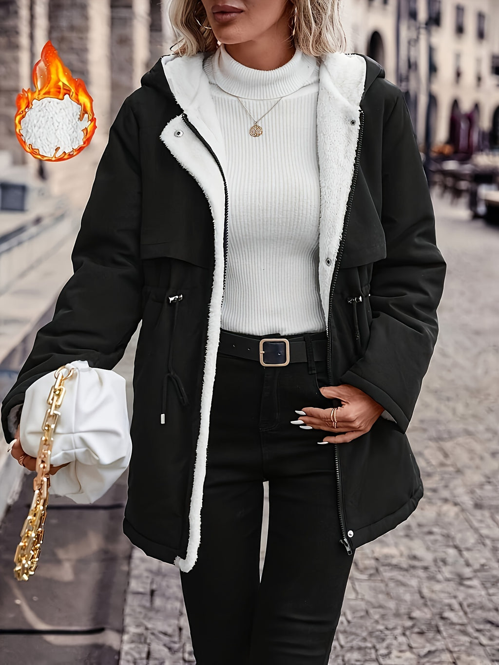 Women's Hooded Fleece Coat | Winter Jacket with Drawstring Waist