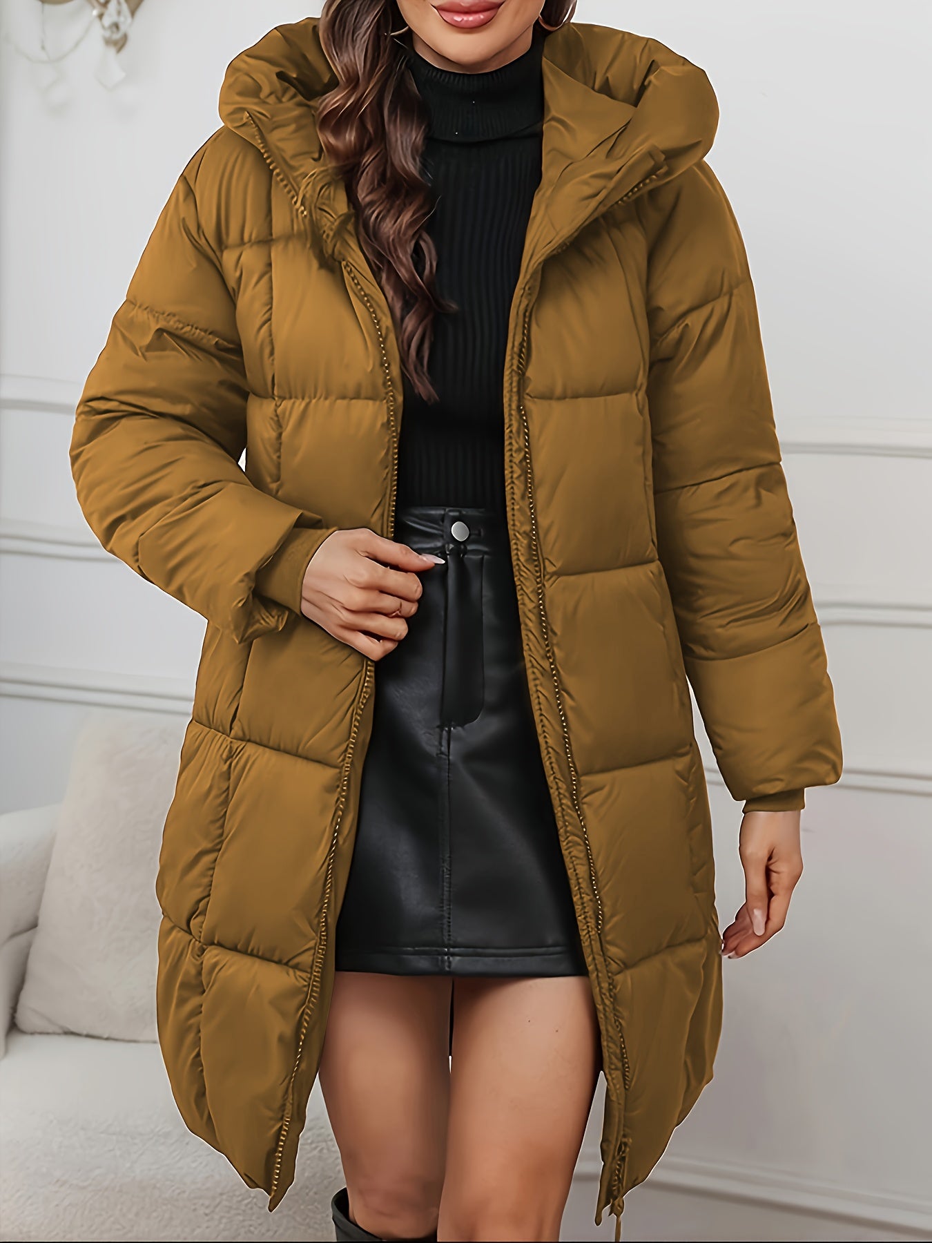 Long Hooded Winter Coat - Lightweight Jacket with Full Zip & Pockets
