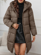 Long Hooded Winter Coat - Lightweight Jacket with Full Zip & Pockets