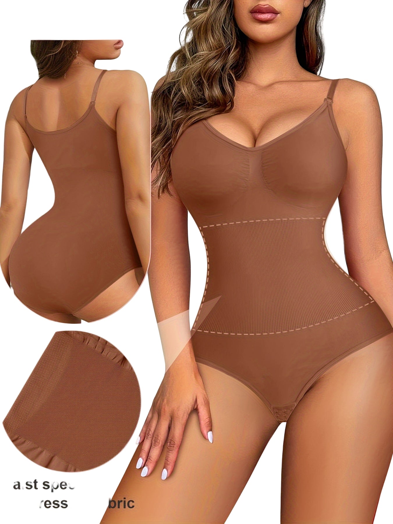 Brown seamless bodysuit with close-up details on a beige background