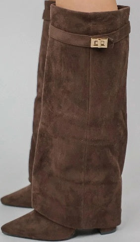 Women's Pointed Toe High Heel Boots with Metal Buckle