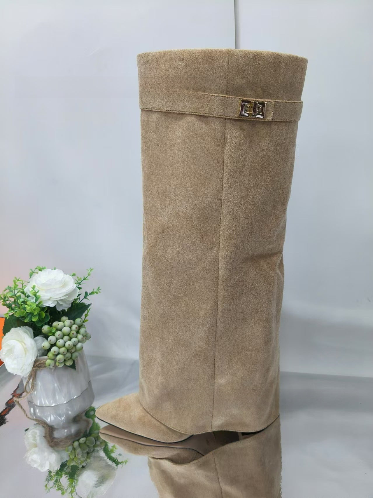 Women's Pointed Toe High Heel Boots with Metal Buckle