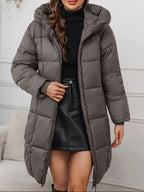 Long Hooded Winter Coat - Lightweight Jacket with Full Zip & Pockets