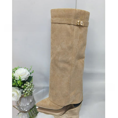 Women's Pointed Toe High Heel Boots with Metal Buckle