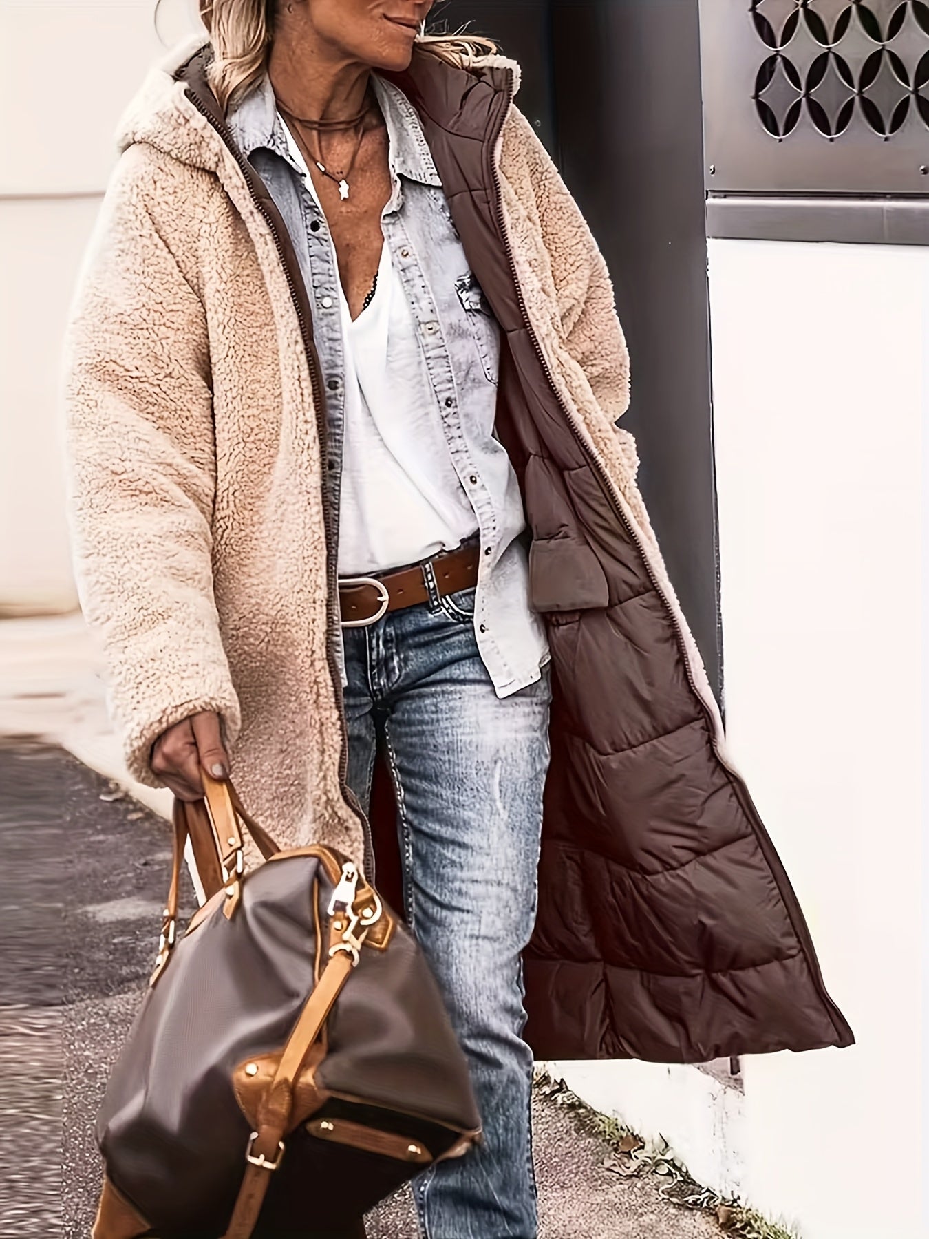 Women's Fleece-Lined Hooded Jacket | Long Winter Coat with Zipper Closure