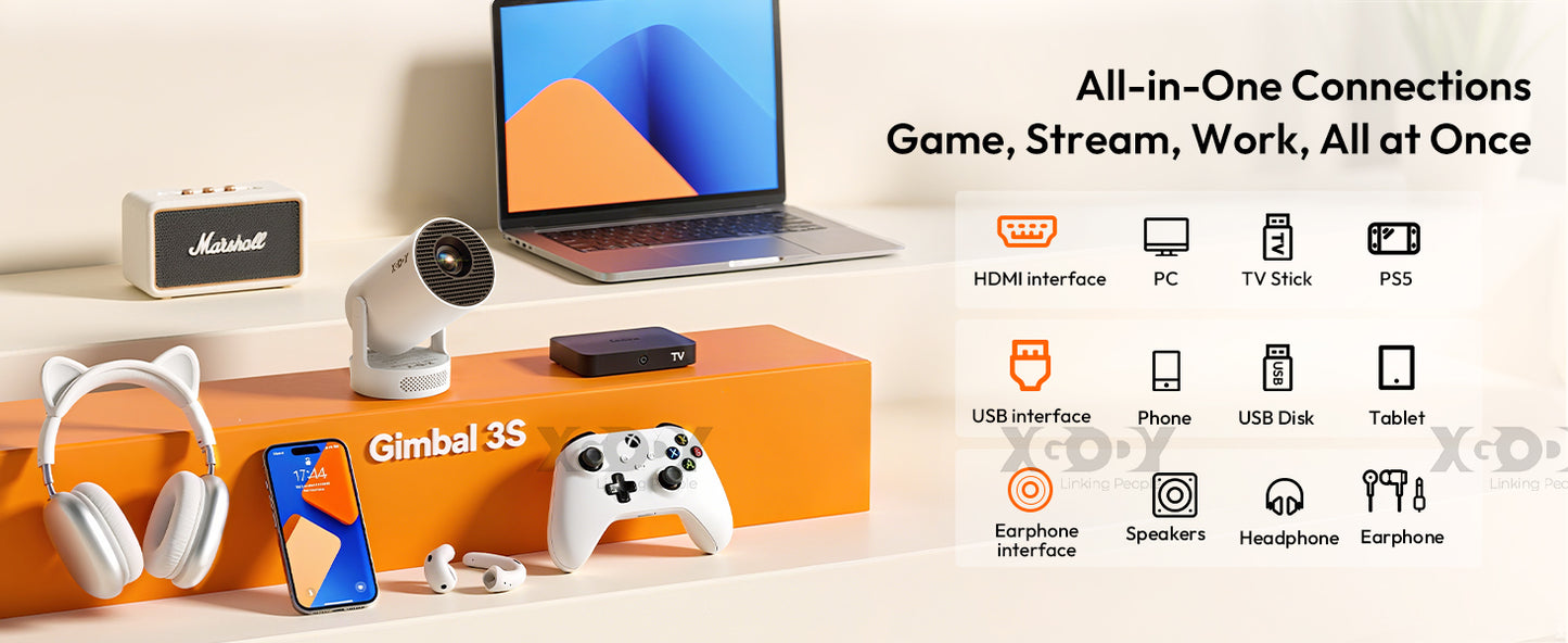 XGODY Gimbal 3S Short-Throw Projector | 720P HD, 250 ANSI Lumens, Android 11 with WiFi 6