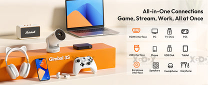 XGODY Gimbal 3S Short-Throw Projector | 720P HD, 250 ANSI Lumens, Android 11 with WiFi 6